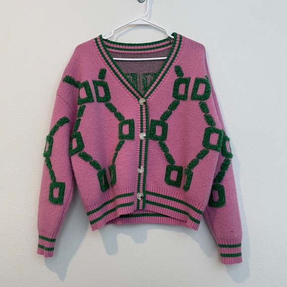 Sweaters - Cardigan Sweater Women L Pink Geometric Buttons Preppy Office Sorority